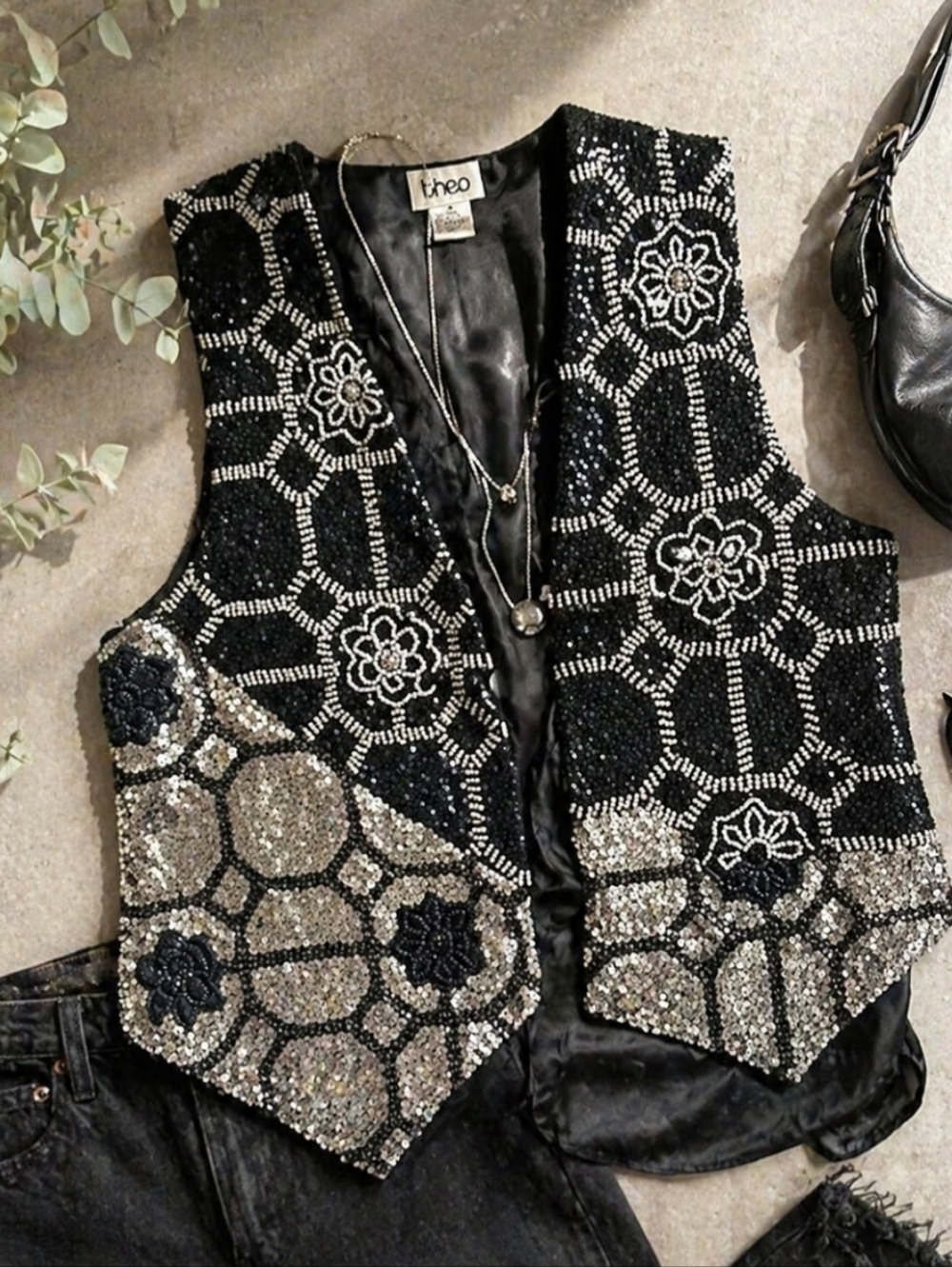 VTG 90s Y2K Beaded‎ Sequin Vest Women M Geometric Statement Boho Festival Indie